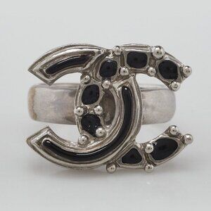Chanel Silver Metal and Black Gripoix Poured Glass Ring Size 7.5